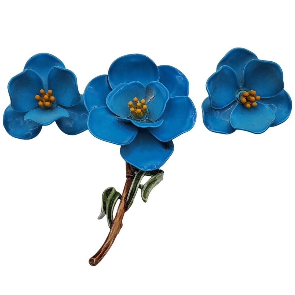 Blue Flower Power Brooch & Clip On‎ Earrings Enamel Pin Hippie Boho Mid Century